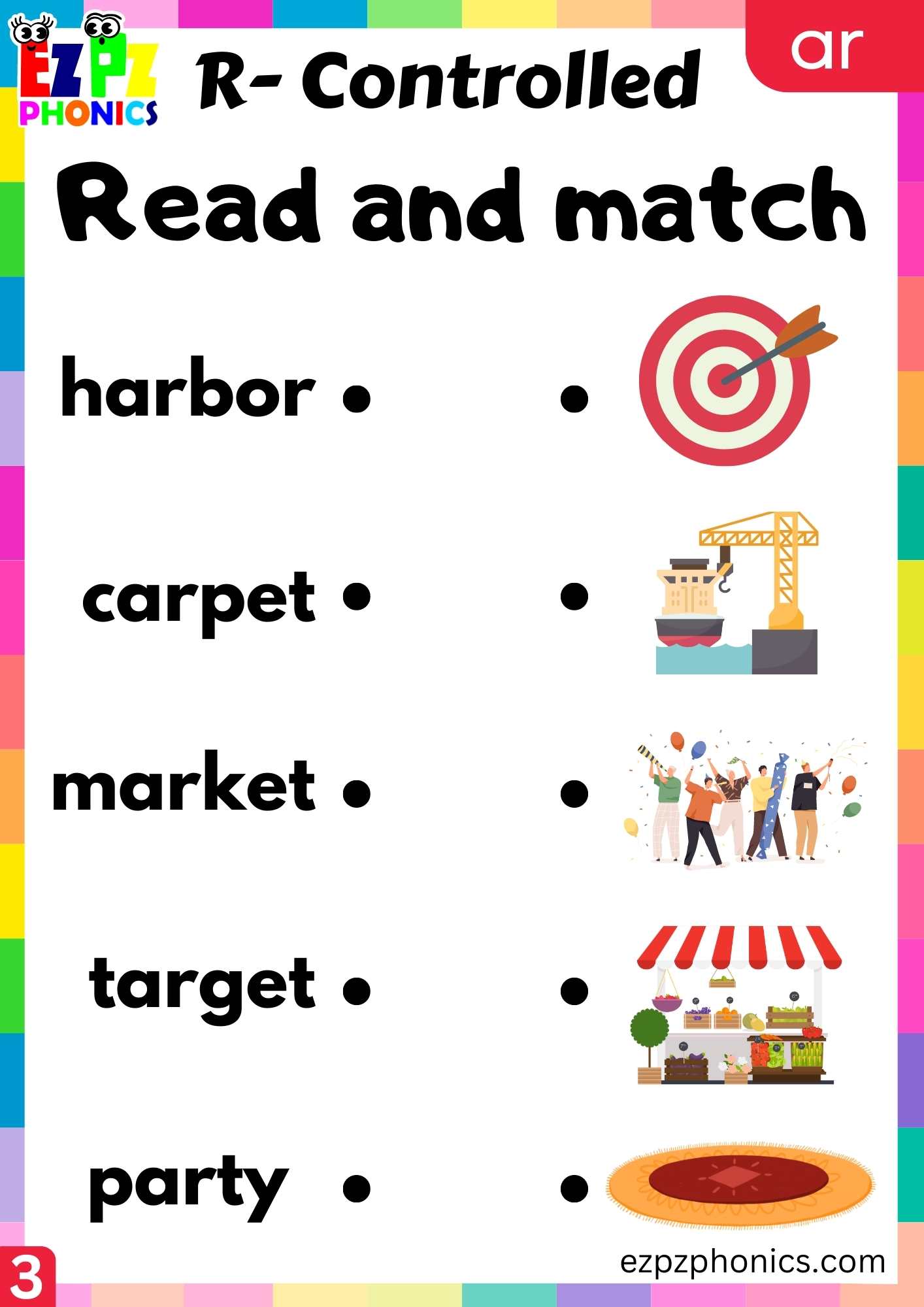 Read and match activity for ar two syllable words R controlled vowels phonics group 3